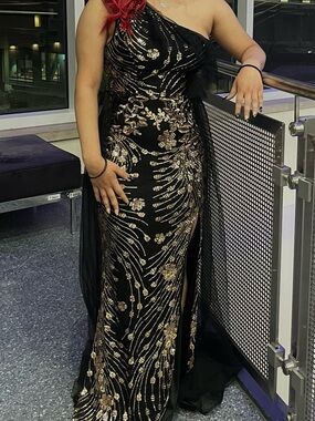 Black One-Shoulder Sequin Evening Gown with Gold Embellishment